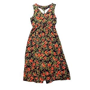 Vintage Erika 90s Orange Green Hibiscus Rayon Button Down Maxi Dress L